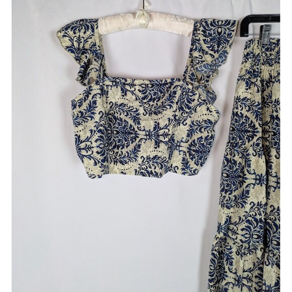 Women's Set L Cream Medallion Print Cap Sleeve Crop Top Maxi Skirt Pull On Comfy - Picture 4 of 9